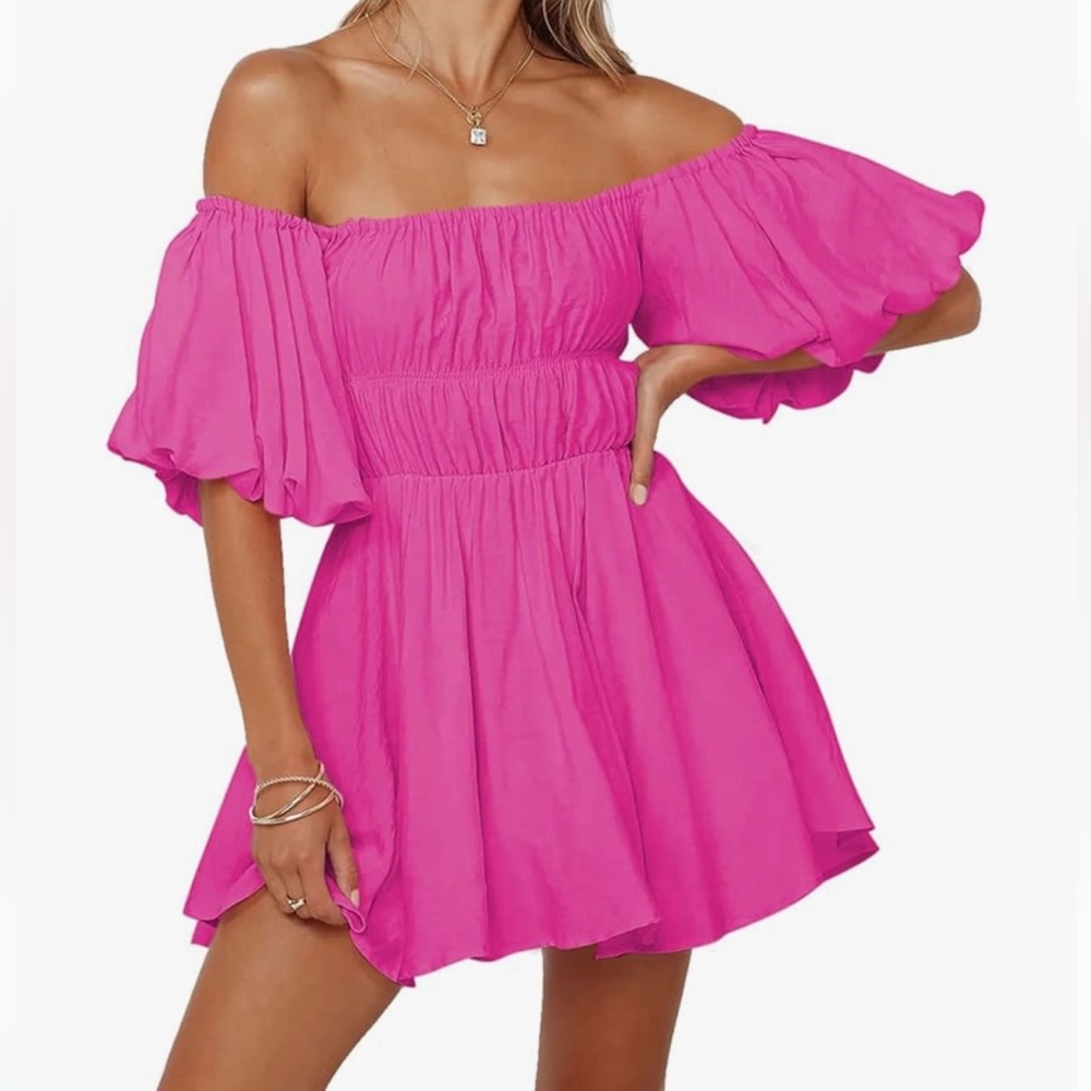 Hot Pink off-the-shoulder Mini Dress - Picture 5 of 5